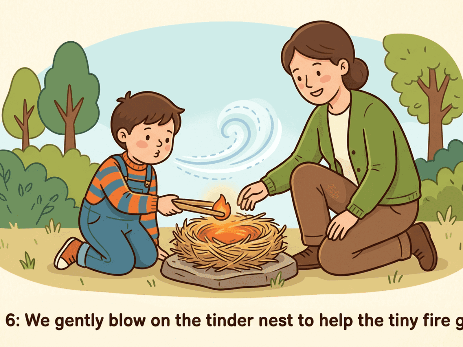 Step 6: Move the ember into tinder and add air carefully